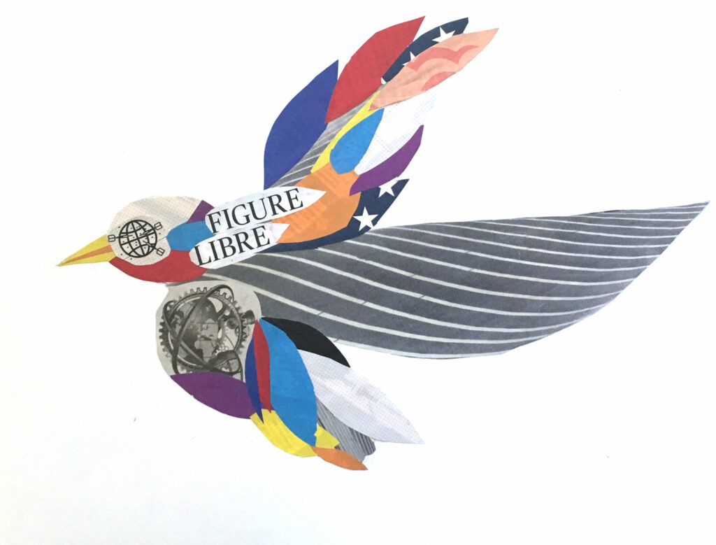 Collage de morceaux de papier colorés représentant un oiseau en vol