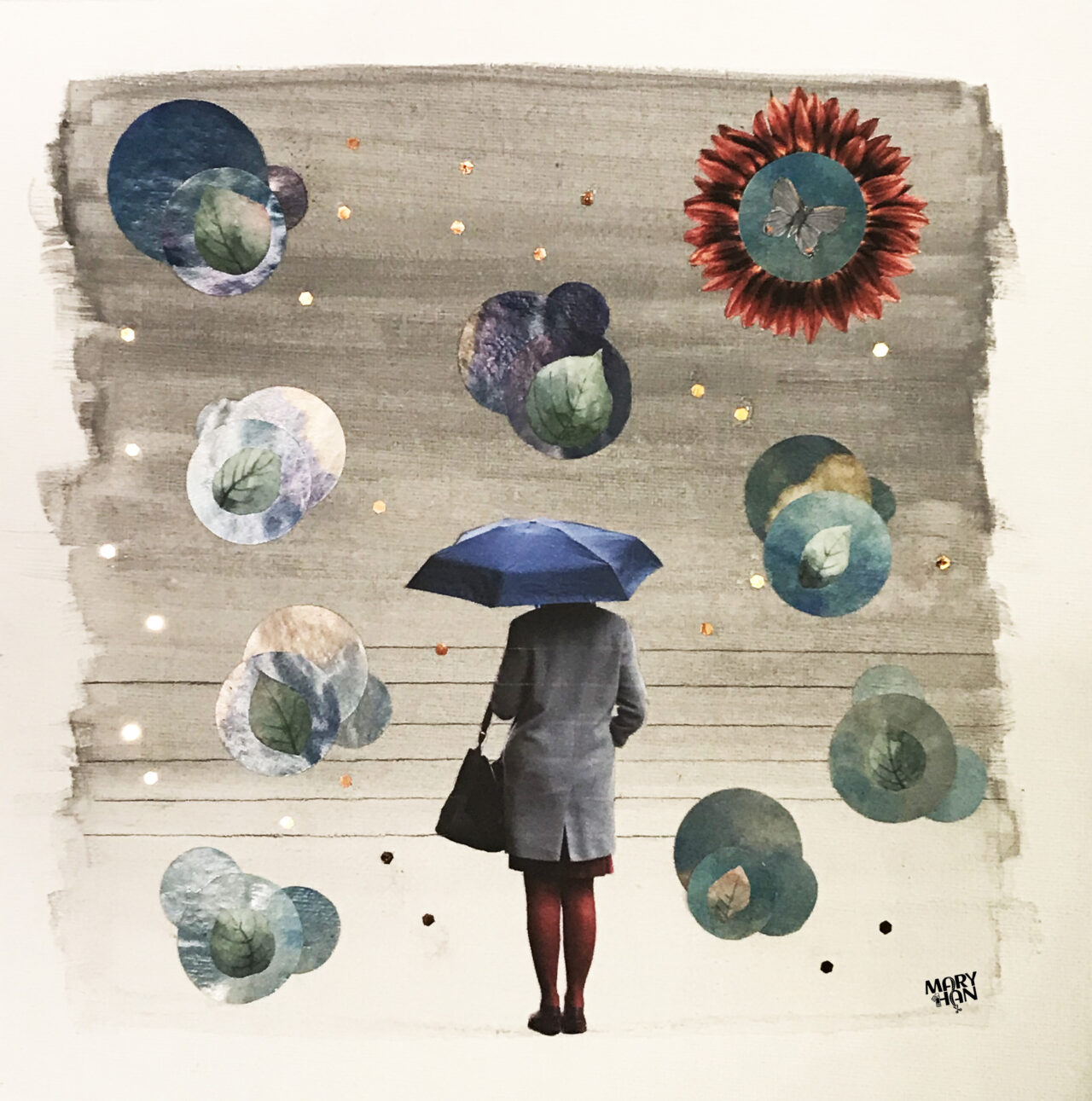Collage sur toile fond aquarelle d'une femme de dos avec un parapluie et des bulles de ciel autour d'elle
